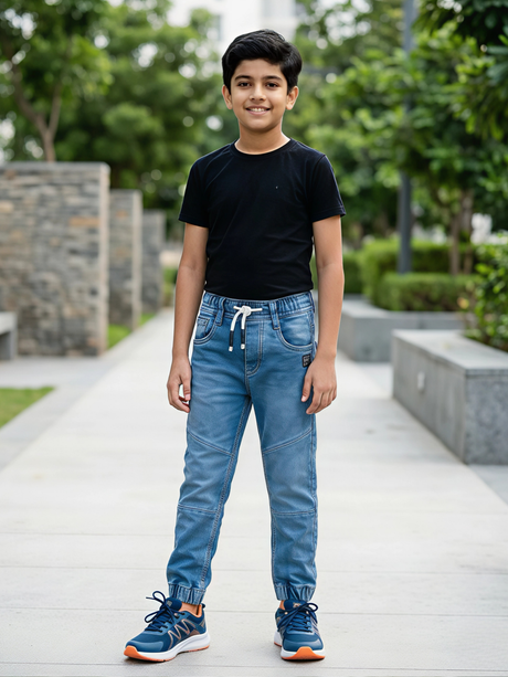 Boys' Dark Blue Melange Fleece Joggers with Neon Yellow Drawstring
