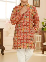 Boys Red Geometric Print Kurta Set