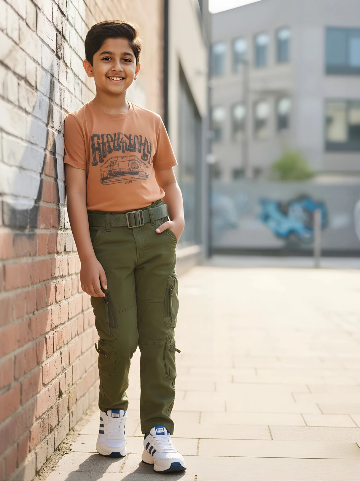 Boys' Olive Green Multi-Pocket Cargo Pants with Web Belt.