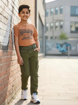 Boys' Olive Green Multi-Pocket Cargo Pants with Web Belt.
