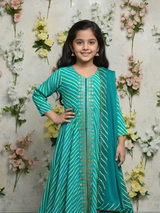 Girls' Teal Green Striped Anarkali Kurta and Garara Set with Dupatta