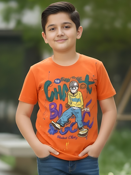 Boys' Neon Orange Street Art Graphic Tee with 90s Vibe Print