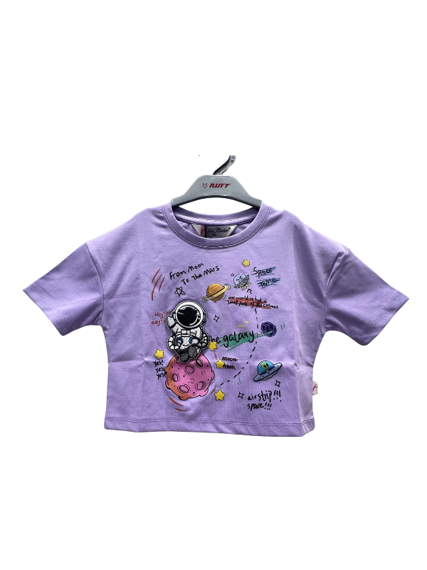 Girl's Kids’ Space Themed Graphic T-shirt – Astronaut & Planet Print in Purple