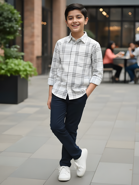 Boys White Windowpane Check Casual Shirt