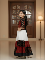 Girls' Black, Red, and White Tiered Block Print Lehenga Choli Set with Dupatta