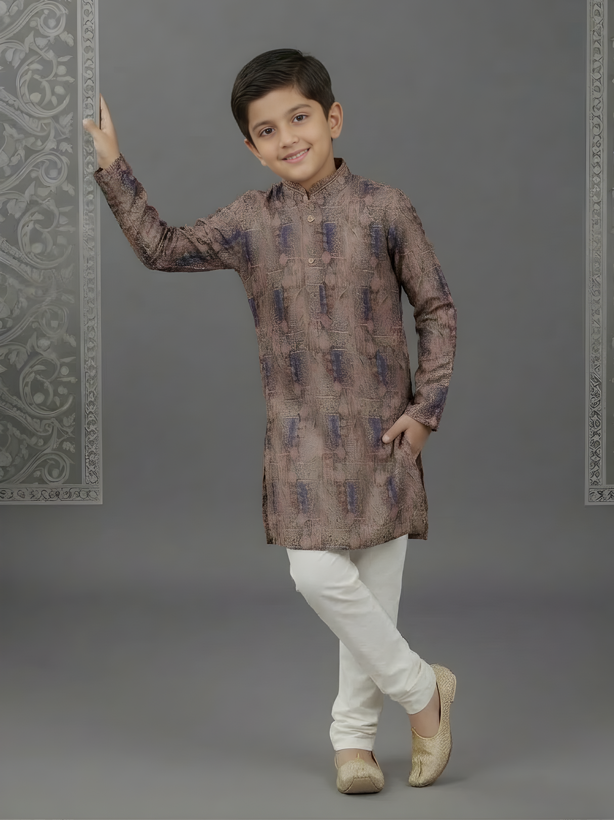 Boys' Mauve & Navy Printed Kurta with White Pyjama Set