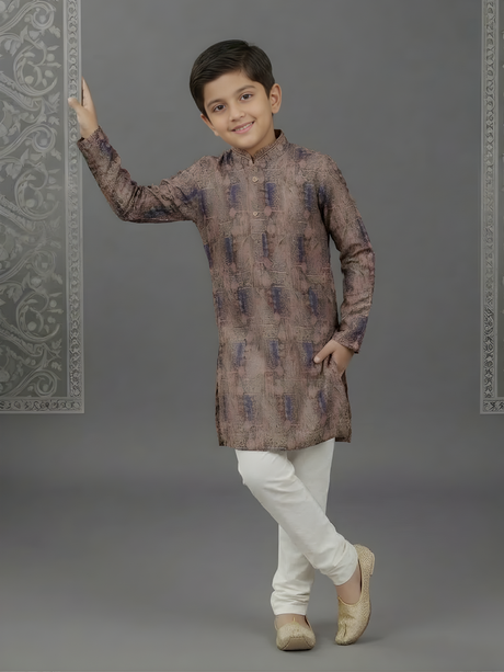 Boys' Mauve & Navy Printed Kurta with White Pyjama Set