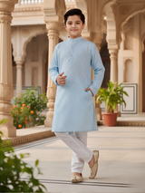 Boys Light Blue Printed Kurta with White Pajama Set