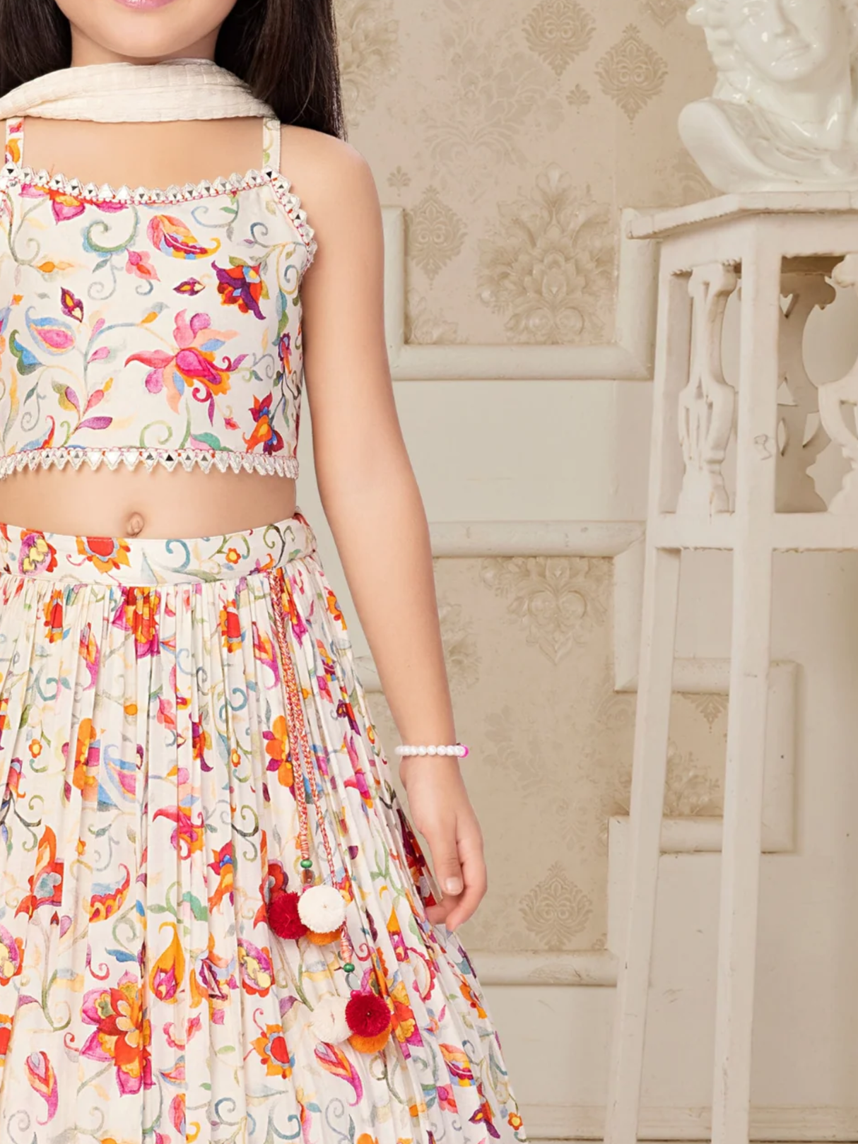 Girls' Cream Floral Print Lehenga Choli Set with Mirror Work & Dupatta