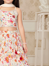 Girls' Cream Floral Print Lehenga Choli Set with Mirror Work & Dupatta