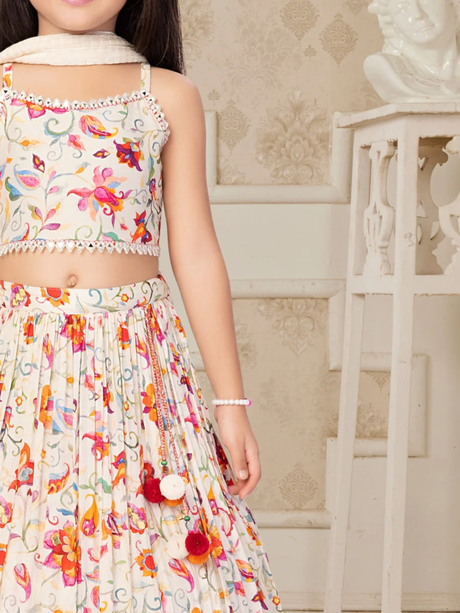 Girls' Cream Floral Print Lehenga Choli Set with Mirror Work & Dupatta