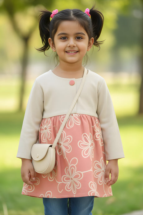 Girls' Peach Floral Cotton Dress with Handbag Set