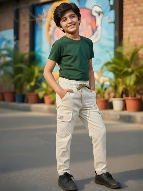 Boys' Cream Casual Cargo Chino Pants with Contrast Drawstring