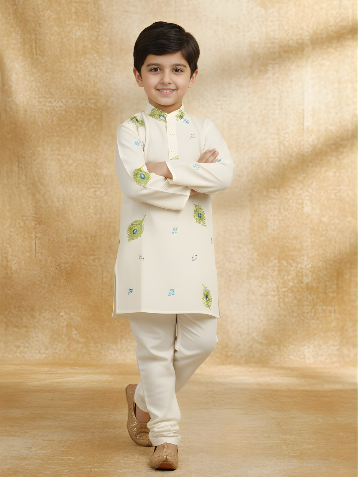 Boys' Off-White Kurta Pajama Set with Peacock Feather Print