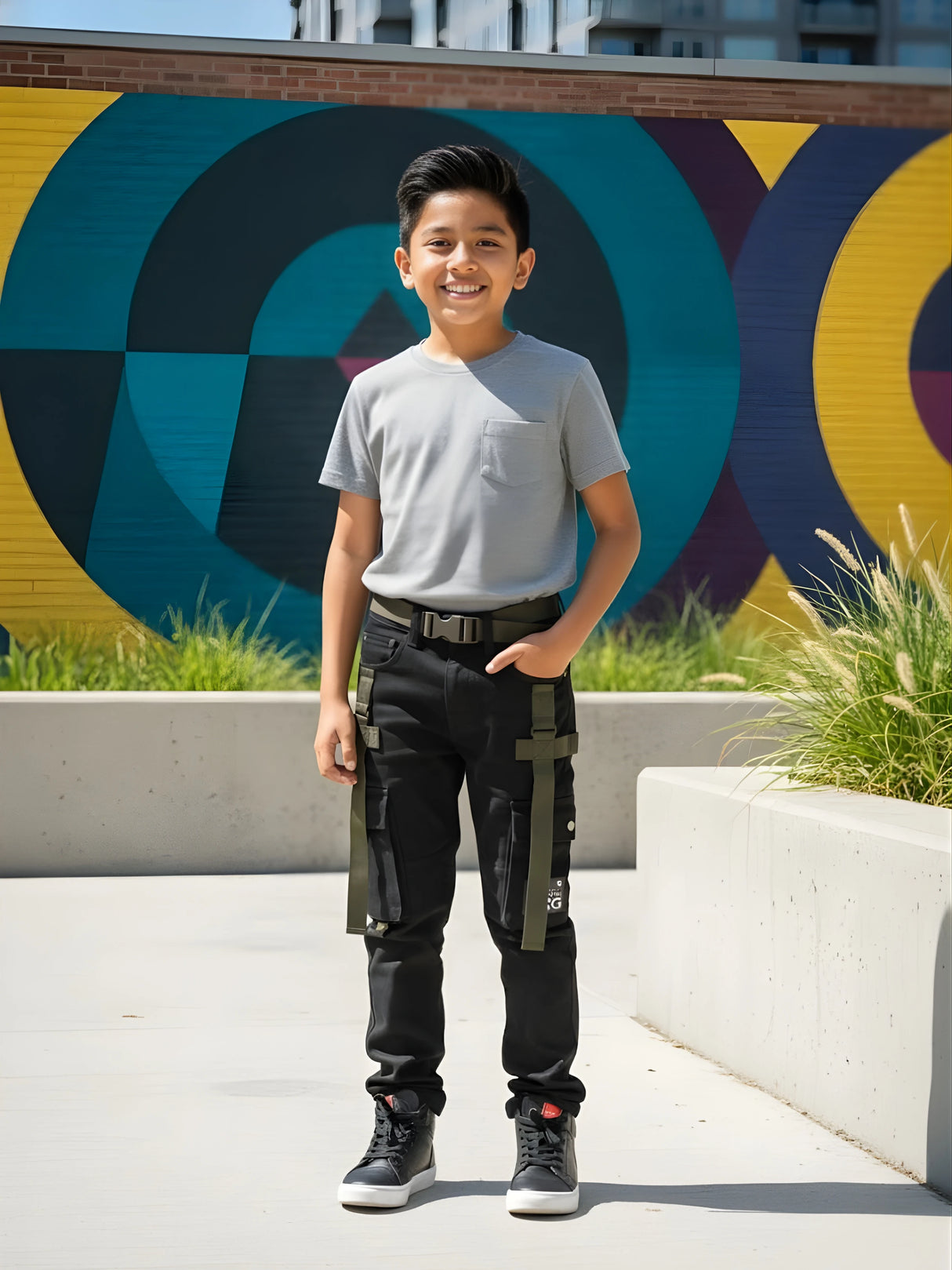 Boys' Urban Tactical Black Track Pants with Olive Webbing Straps