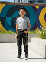 Boys' Urban Tactical Black Track Pants with Olive Webbing Straps