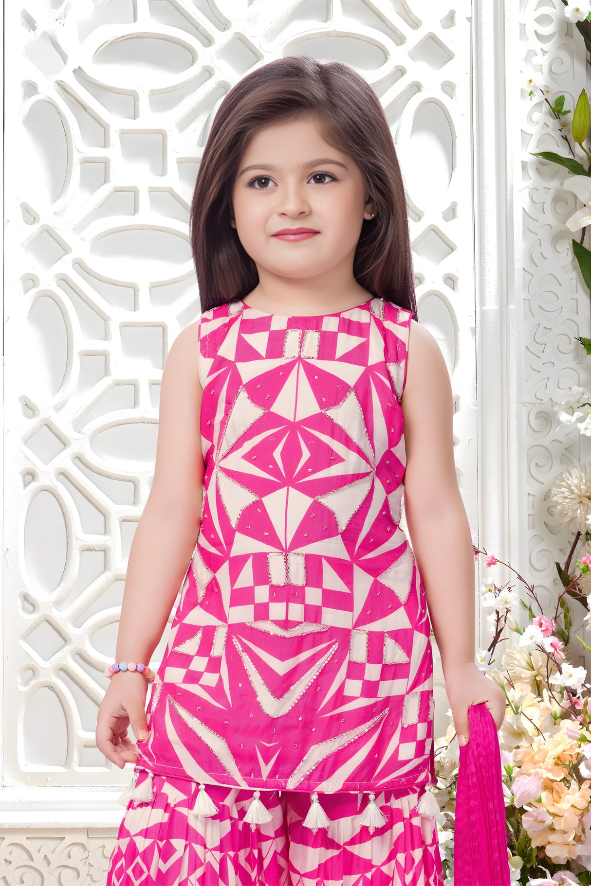 Girls' Hot Pink Geometric Print Sleeveless Sharara Set