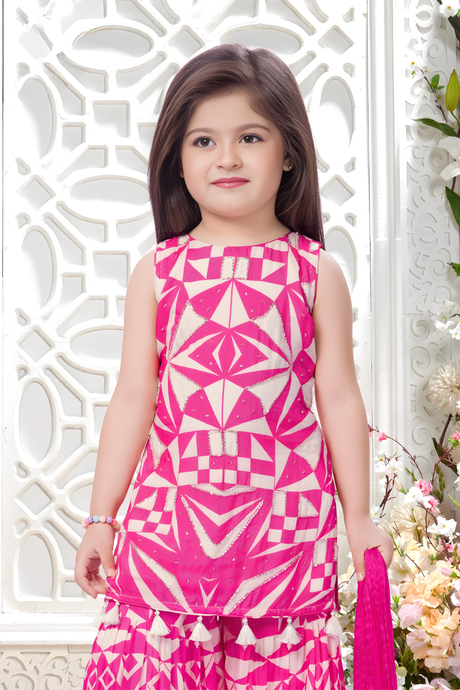 Girls' Hot Pink Geometric Print Sleeveless Sharara Set