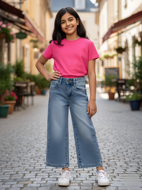 Girls High-Rise Wide-Leg Light Wash Denim Jeans.