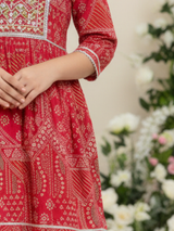 Girls' Festive Red Embroidered Kurti and Tiered Sharara Set