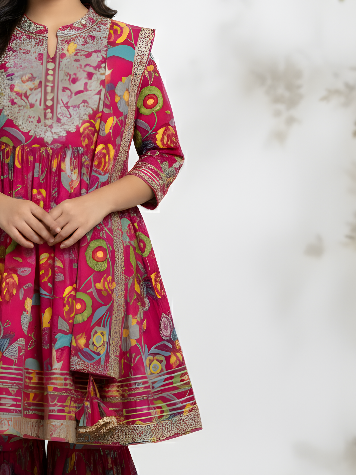 Girls' Deep Pink Print Angrakha Kurti and Flared Sharara Skirt Set