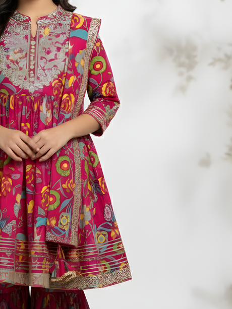 Girls' Deep Pink Print Angrakha Kurti and Flared Sharara Skirt Set