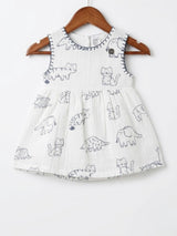 White Meow Cat Print Cotton Frock for Girls