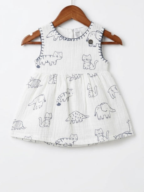 White Meow Cat Print Cotton Frock for Girls