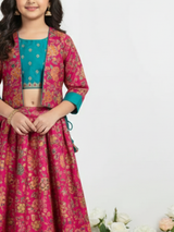 Girls' Fuchsia Pink Embroidered Choli, Striped Lehenga & Net Dupatta Set
