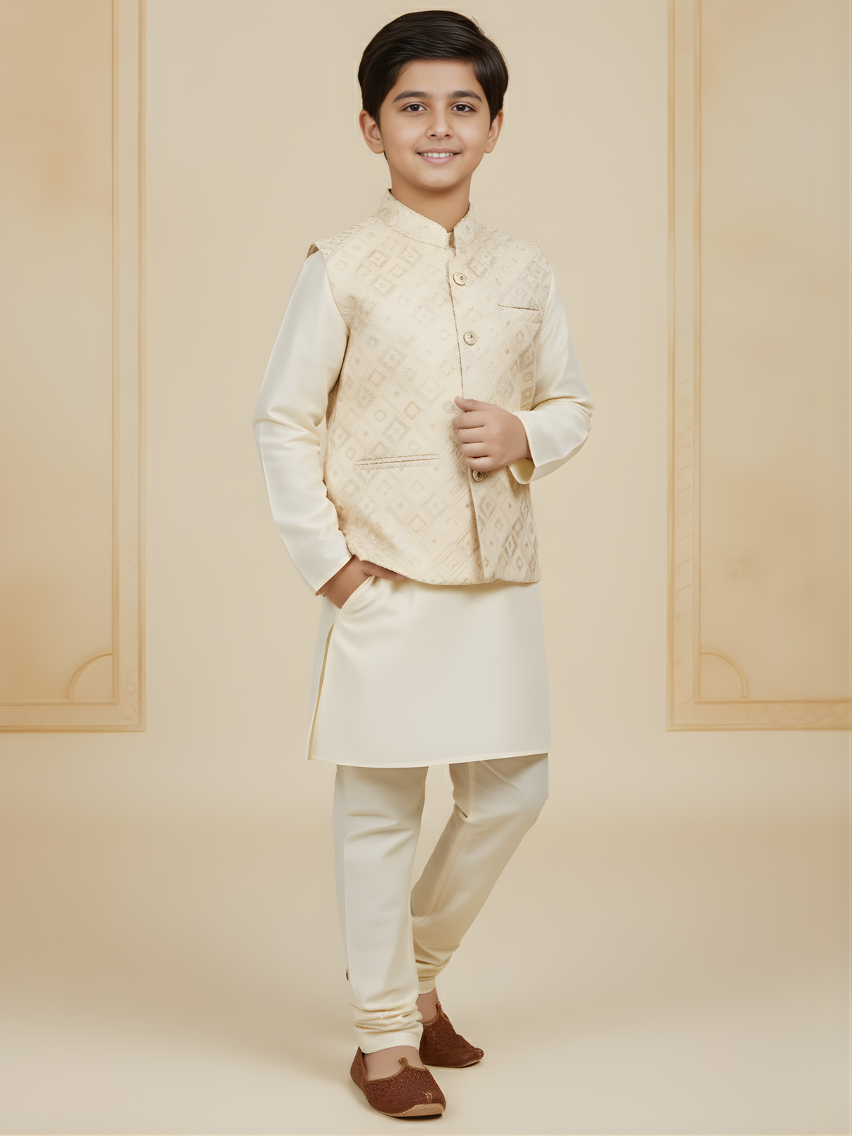 Boys Traditional Self Design Chudidar Kurta with Koti - Cream