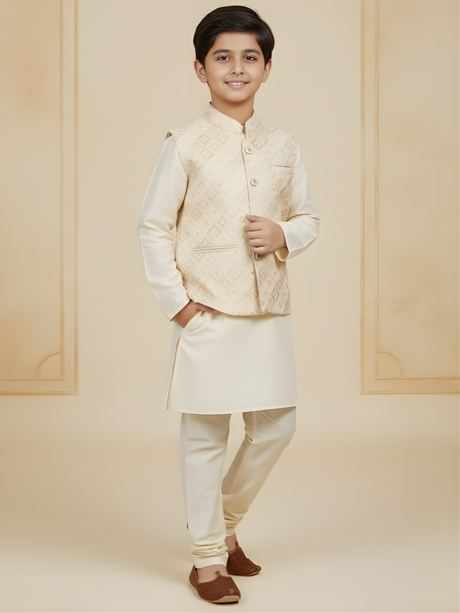 Boys Traditional Self Design Chudidar Kurta with Koti - Cream