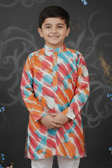 Boys' Orange Geometric Printed Kurta with White Dhoti Set