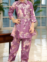 Girls Lavender Floral Print Collared Tunic and Trouser Set