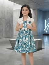 Vintage-Inspired Teal Floral Frock Set with Cream Textured Bolero