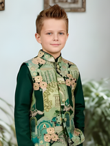 The Royal Emerald Printed Waistcoat Kurta Set (Forest Green).
