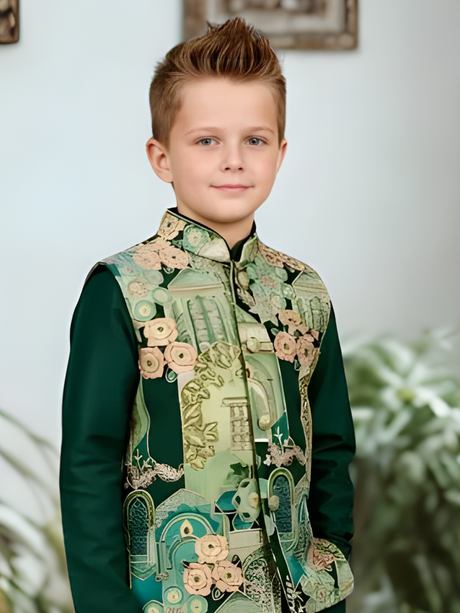 The Royal Emerald Printed Waistcoat Kurta Set (Forest Green).