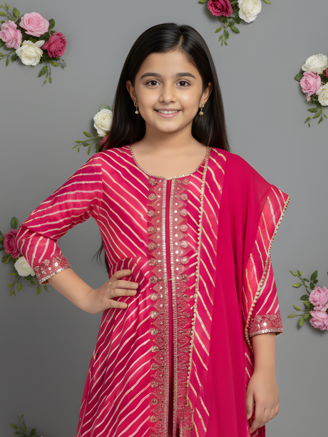Girls' Hot Pink Bandhani Print Kurta, Striped Garara, and Ombre Dupatta Set
