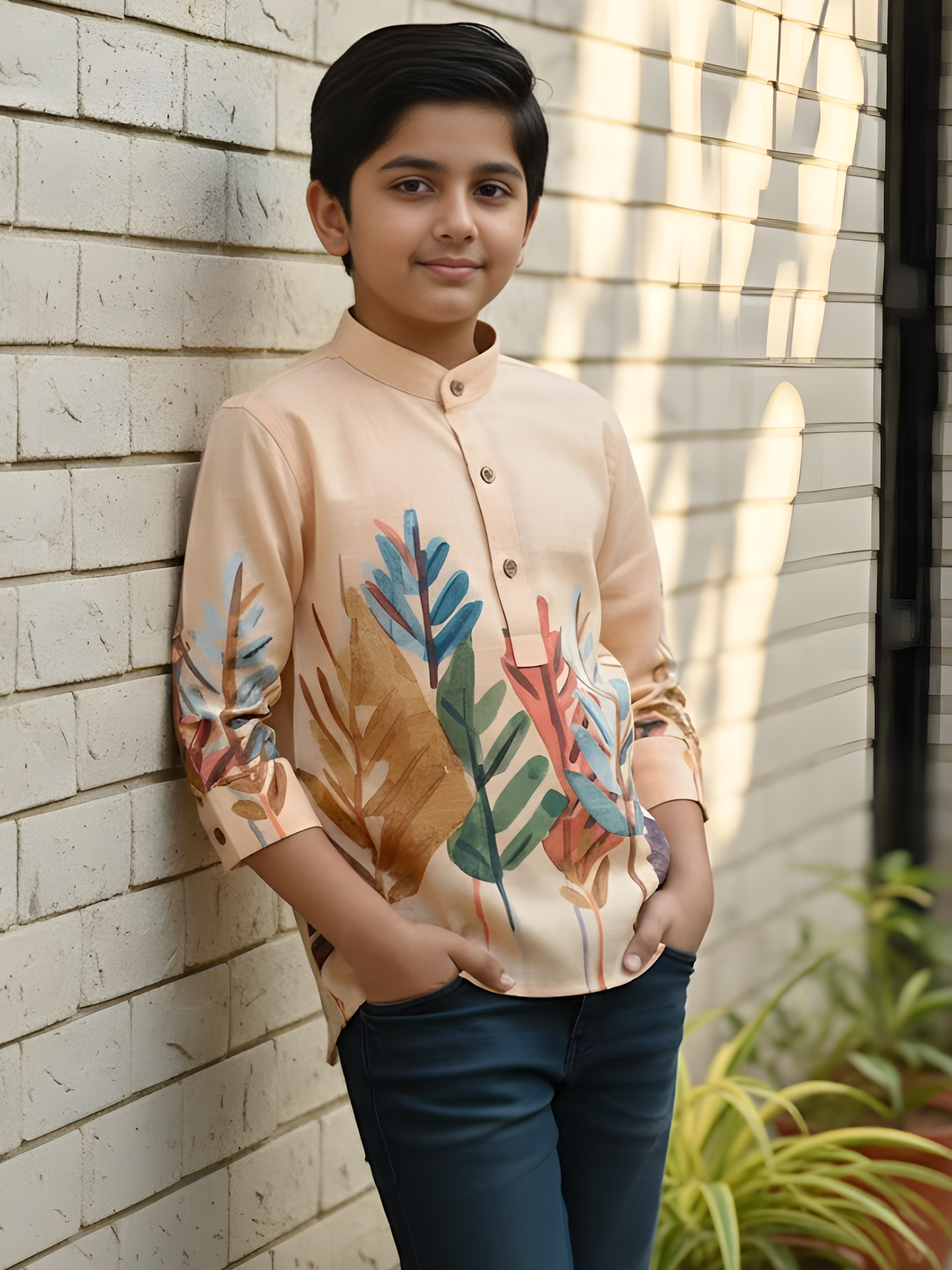 Boys Pastel Yellow Nature Print Cotton Kurta