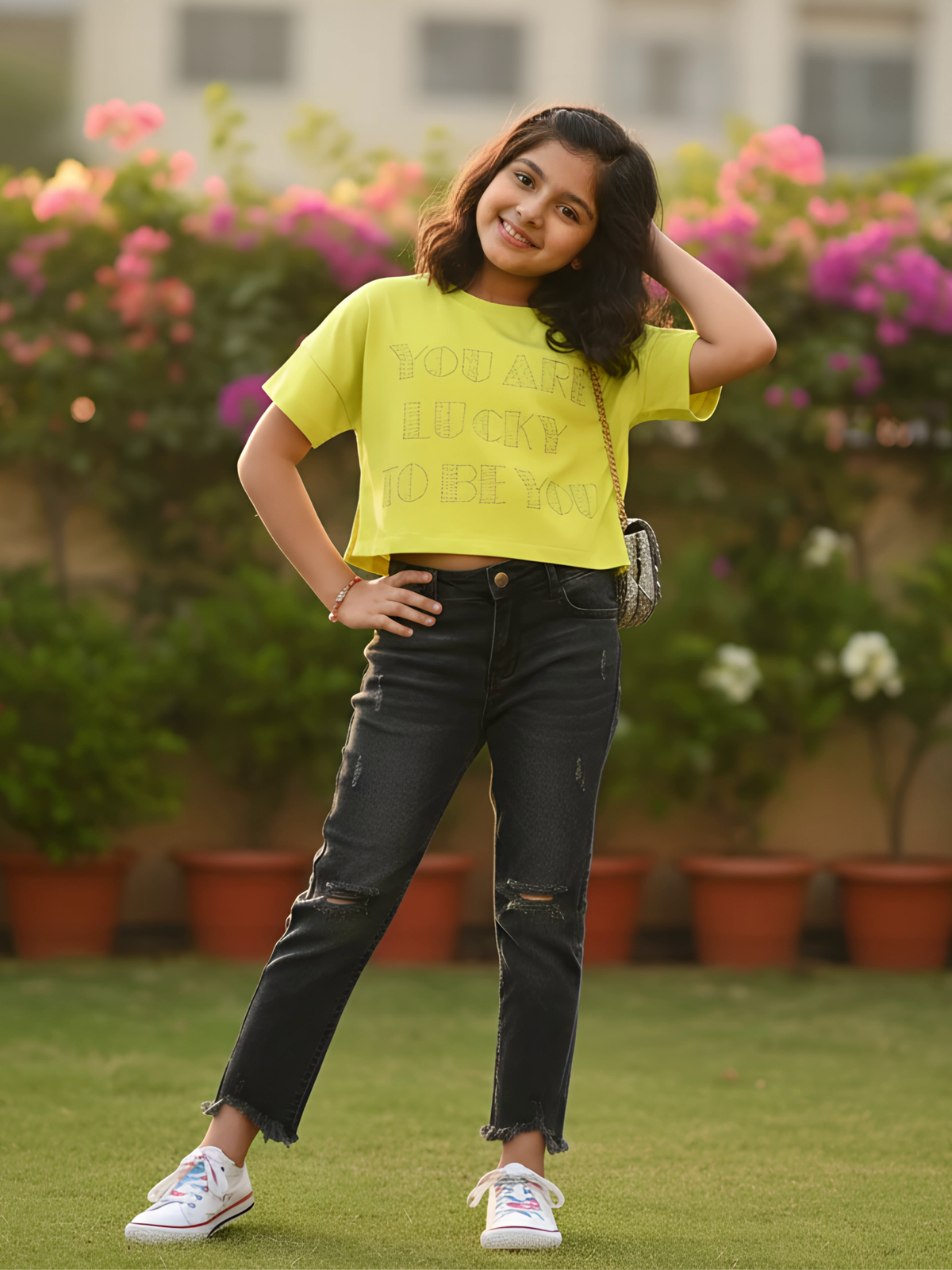 Girls' Vibrant Lime Green Graphic Crop Top