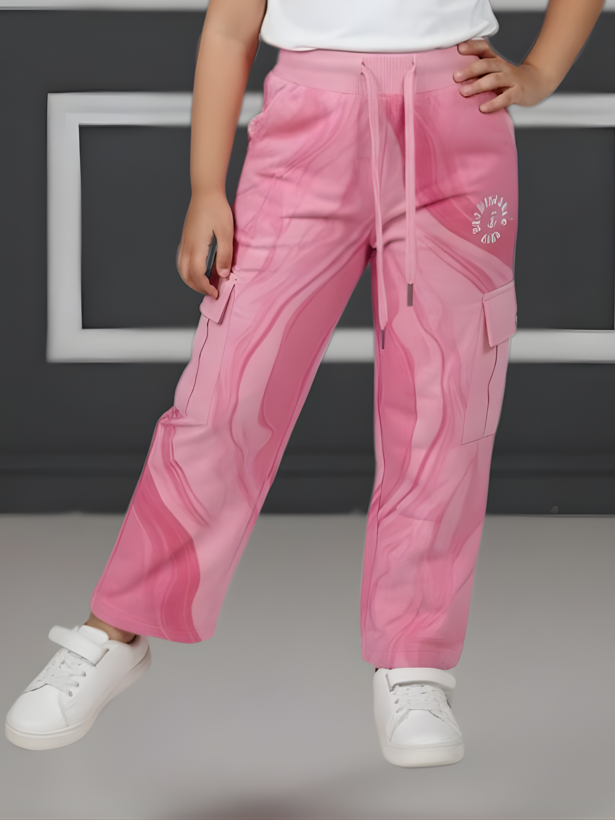 Girls' Pink Marble Print Wide-Leg Cargo Track Pants