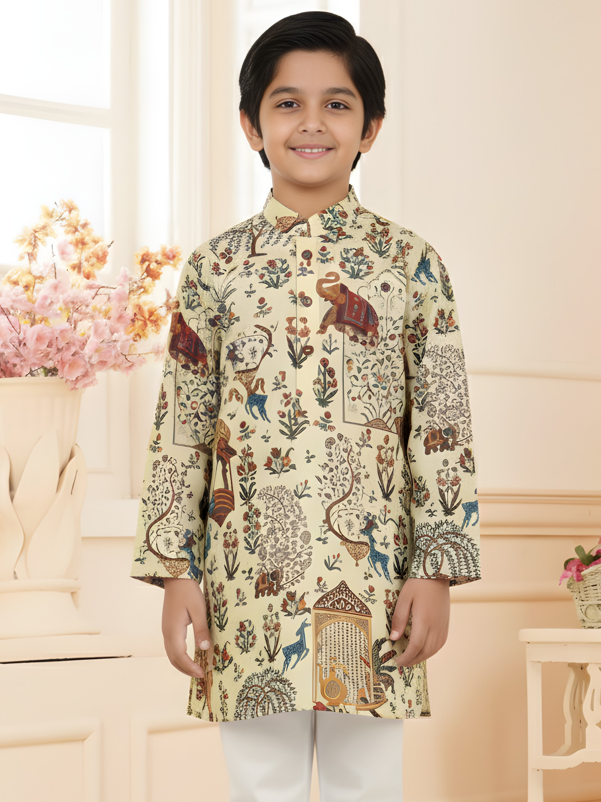 Boys Cream Printed Traditional Art Kurta with White Pyjama Set