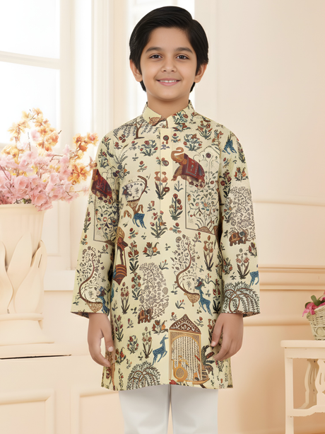Boys Cream Printed Traditional Art Kurta with White Pyjama Set