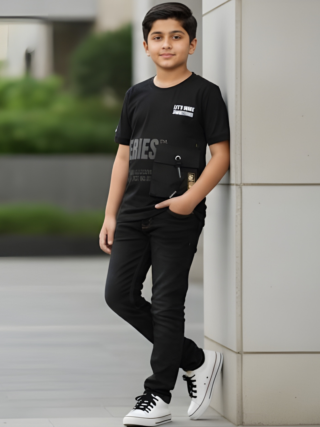 Boys' Black Techwear T-Shirt with Utility Pocket and Slogan