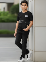 Boys' Black Techwear T-Shirt with Utility Pocket and Slogan