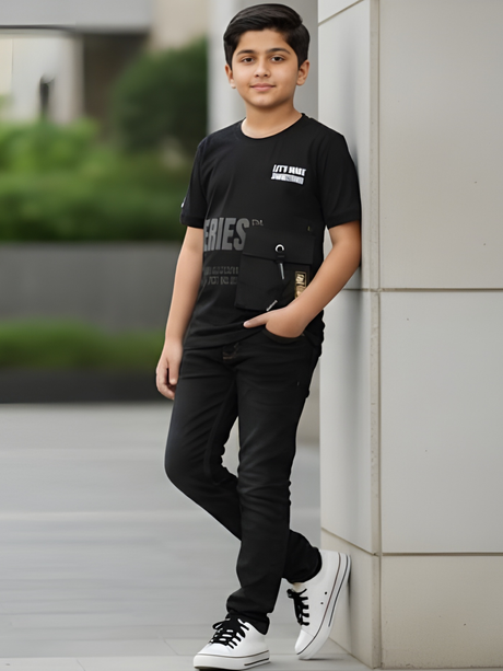 Boys' Black Techwear T-Shirt with Utility Pocket and Slogan