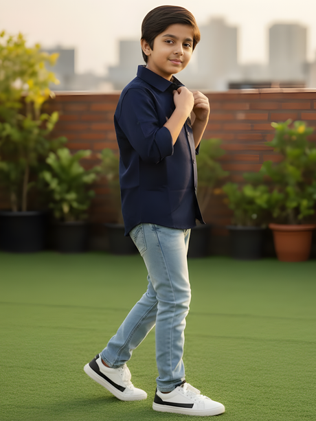 Boys Navy Blue Lion Art Party Wear Shirt