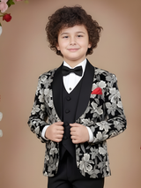 Boys' Black and Cream Floral Print Tuxedo Jacket with Waistcoat and Trousers Set