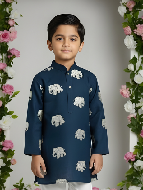Boys' Navy Blue Kurta Pyjama Set with Embroidered Elephant Motifs