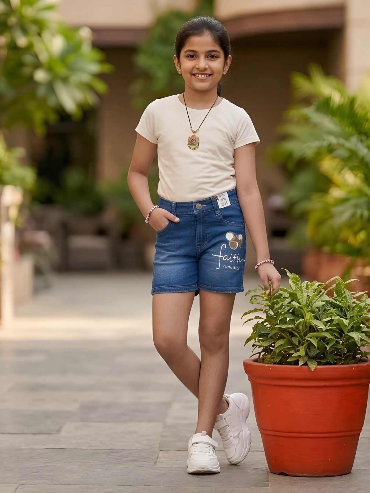 Girls' Blue Denim Shorts with "Faith" Graphic Print