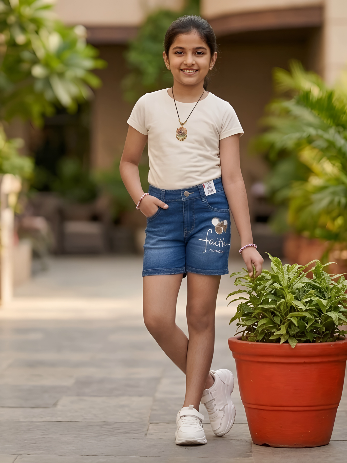 Girls' Blue Denim Shorts with "Faith" Graphic Print